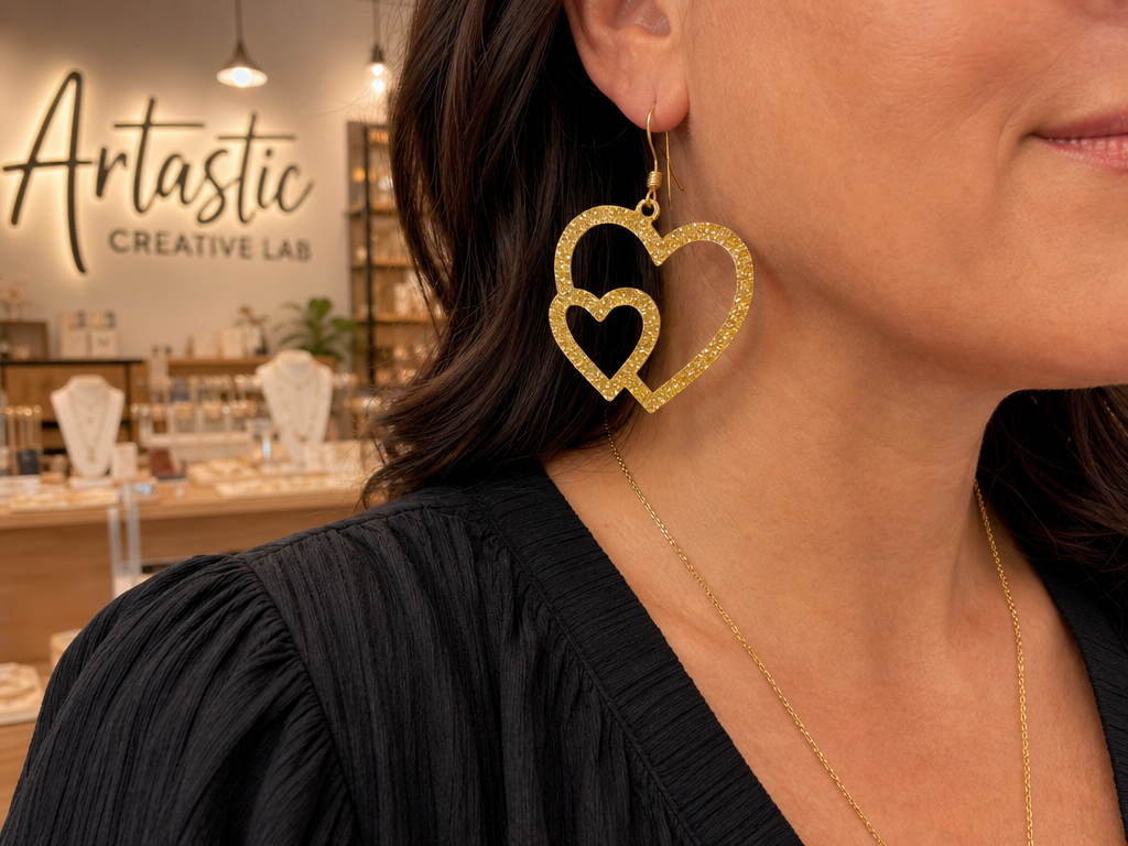 Ear Acrylic Gold Glitter Hearts